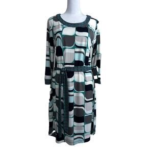 Banana Republic Jersey Dress Geometric Blue White Aqua 3/4 Sleeve Size M